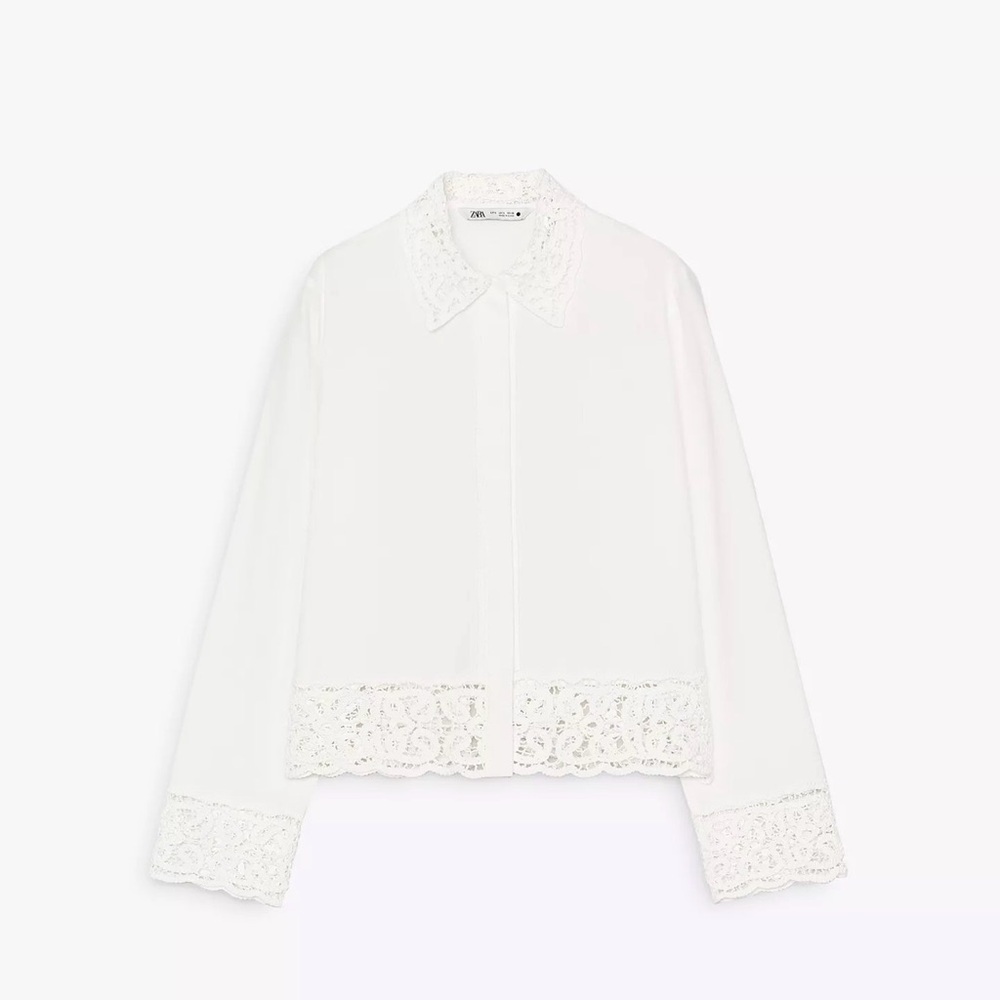 Zara ZW Collection White Lace-Trim Button-Down Shirt